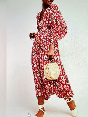 NWT Anthropologie Rujuta Sheth Red V-Neck Printed Boho Maxi Dress Caftan